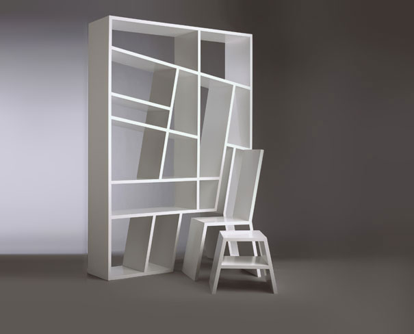 Creative bookshelf design with irregular shelves and integrated chair in a minimalist style. Creative bookshelf design with irregular shelves and integrated chair in a minimalist style.