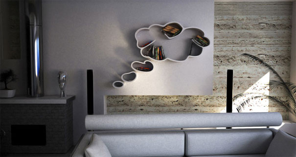 Cloud-shaped bookshelf design holding books, mounted on a modern living room wall. Cloud-shaped bookshelf design holding books, mounted on a modern living room wall.