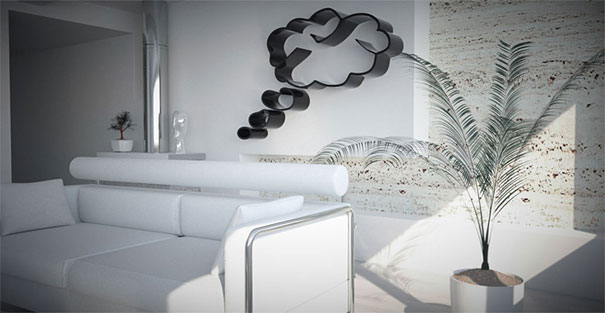 Creative bookshelf design in a modern living room with a white sofa and potted plant. Creative bookshelf design in a modern living room with a white sofa and potted plant.