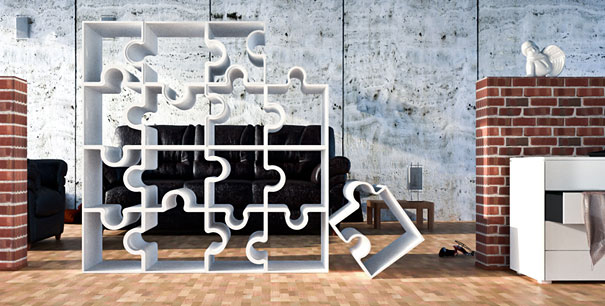 Puzzle-shaped creative bookshelf design in a modern living room. Puzzle-shaped creative bookshelf design in a modern living room.