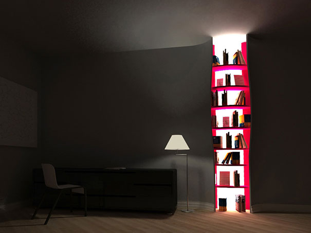 Creative bookshelf design with illuminated shelves in a dark room, featuring books and modern decor. Creative bookshelf design with illuminated shelves in a dark room, featuring books and modern decor.