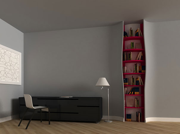 Creative bookshelf design in corner with pink curved shelves, filled with books in modern room. Creative bookshelf design in corner with pink curved shelves, filled with books in modern room.