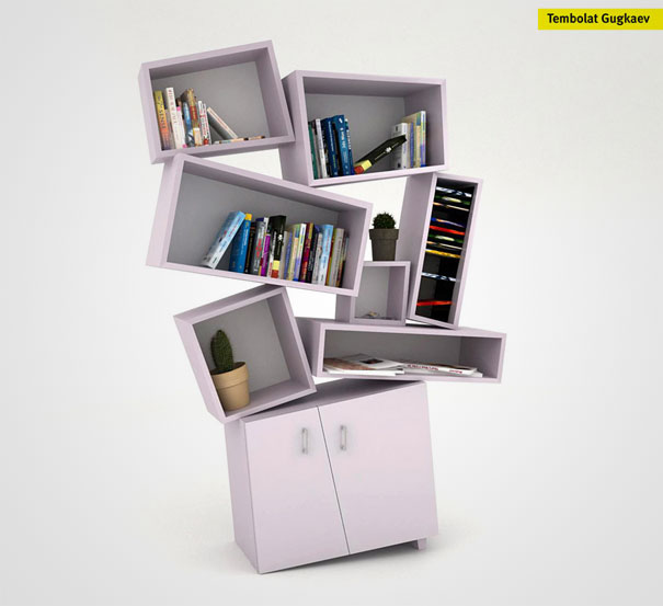 Creative bookshelf design featuring tilted shelves with books and small potted plants.
