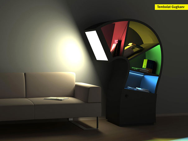 Creative bookshelf design with colorful shelves next to a modern sofa. Creative bookshelf design with colorful shelves next to a modern sofa.