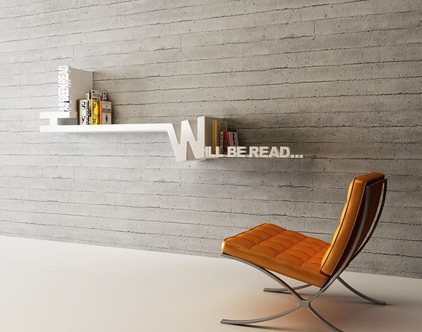Creative bookshelf design with white lettering and an orange chair against a concrete wall.