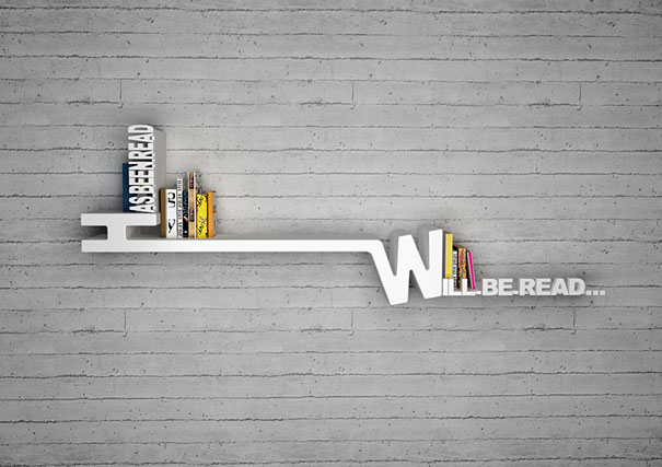 Creative bookshelf design spelling "Will Be Read" with books arranged creatively on a minimalist wall shelf.