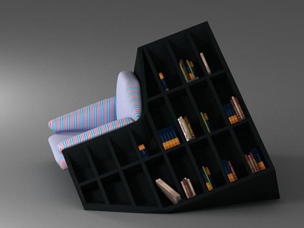 Creative bookshelf design with integrated chair and colorful striped upholstery. Creative bookshelf design with integrated chair and colorful striped upholstery.