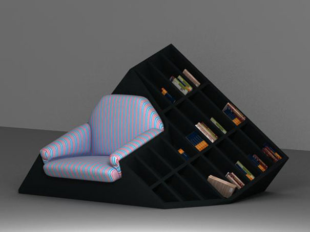 Creative bookshelf design featuring an integrated, striped armchair with slanted shelves filled with books. Creative bookshelf design featuring an integrated, striped armchair with slanted shelves filled with books.