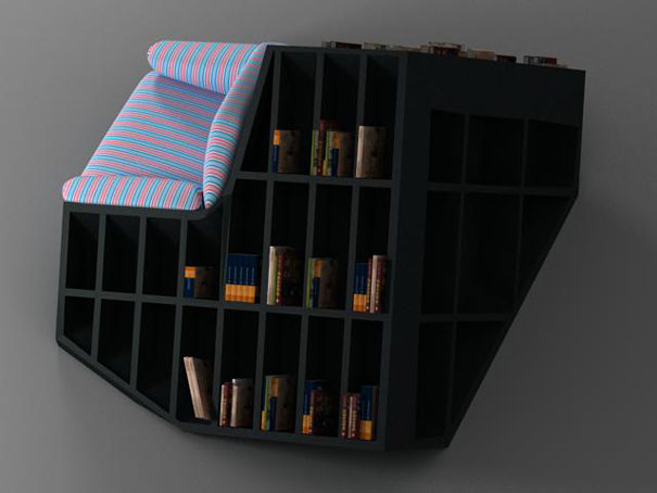 Creative bookshelf design with angled shelves and a striped cushion on top.