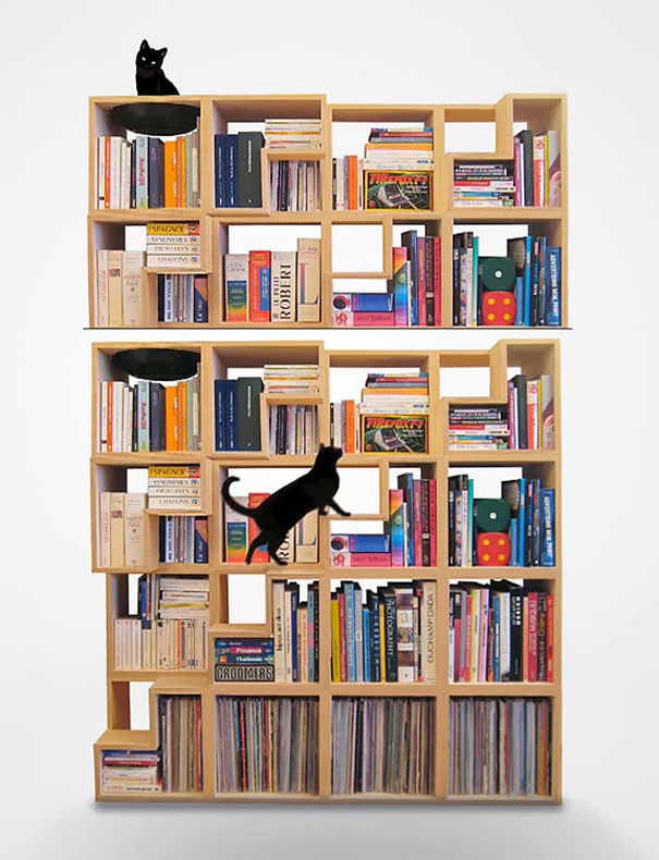 Creative bookshelf design featuring books and two black cats playfully interacting on the shelves. Creative bookshelf design featuring books and two black cats playfully interacting on the shelves.