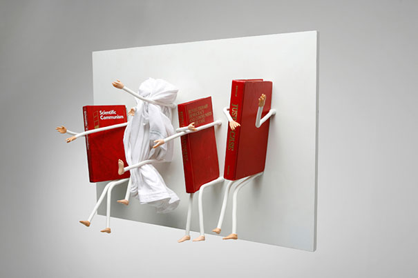 Creative bookshelf design featuring books with playful, human-like legs and arms on a white background. Creative bookshelf design featuring books with playful, human-like legs and arms on a white background.