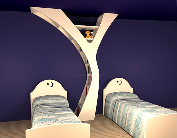 Creative bookshelf design with a unique Y-shape between two twin beds, featuring a decorative teapot on the top shelf.