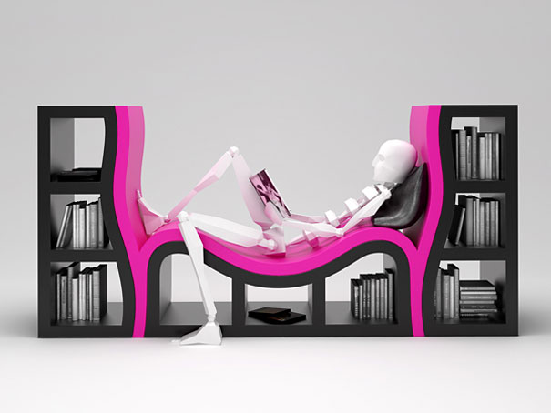 Creative bookshelf design featuring a mannequin lounging in a pink and black shelving unit with books.