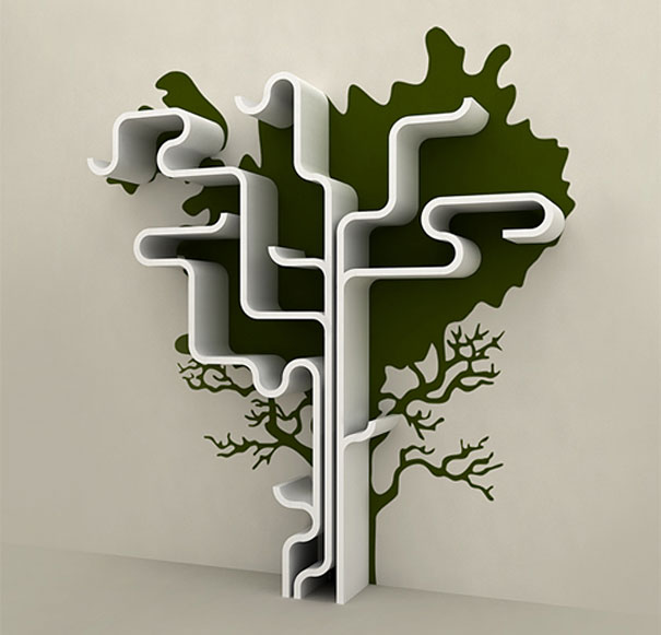 Creative bookshelf design resembling a tree with green branches on the wall.