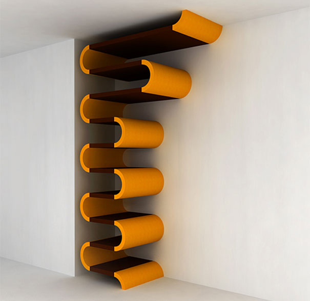 Creative bookshelf design featuring wavy orange shelves against a white wall. Creative bookshelf design featuring wavy orange shelves against a white wall.