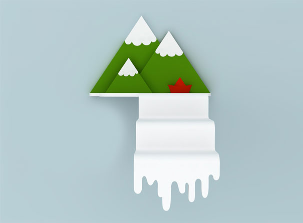 Creative bookshelf design featuring mountain peaks with snow caps and a red star accent on a light blue background.