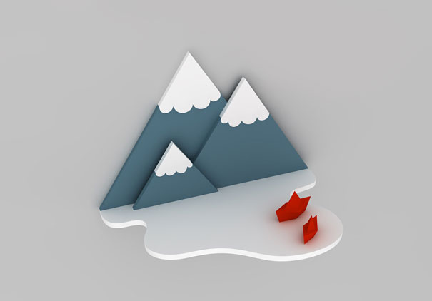 Creative bookshelf design shaped like mountain peaks with small red boats.