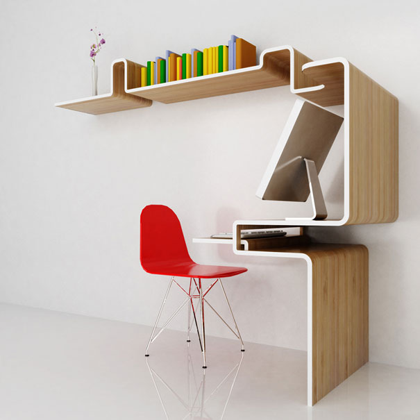 Creative bookshelf design with integrated desk and red chair, showcasing colorful books and modern style.