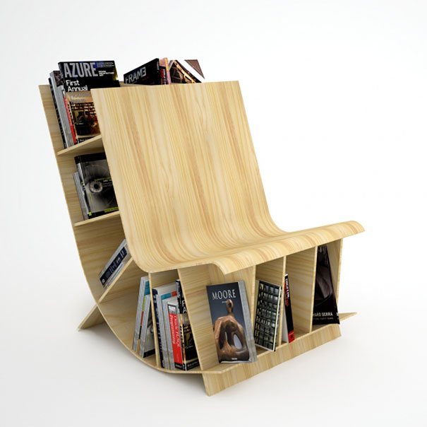 Creative bookshelf design with a curved wooden structure and storage for books. Creative bookshelf design with a curved wooden structure and storage for books.
