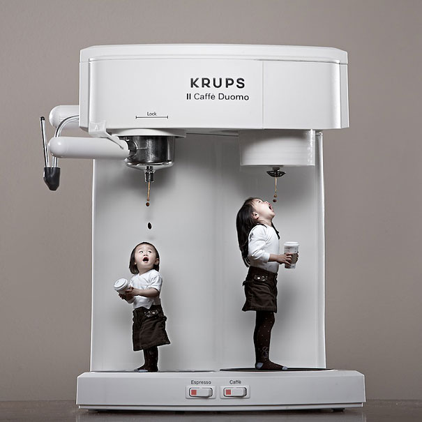 Creative dad&rsquo;s crazy photos of daughters show them playfully interacting with a giant coffee machine in a surreal scene.