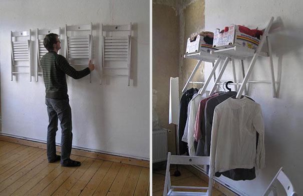 Picture of man making clothe hangers from chairs Picture of man making clothe hangers from chairs