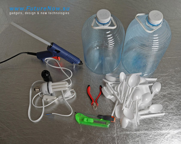 Spoons, bottles and glue gun on the floor