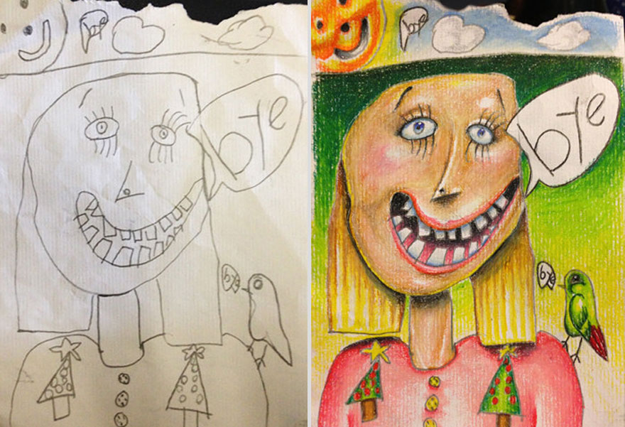 Creative Dad Colors His Kids' Drawings
