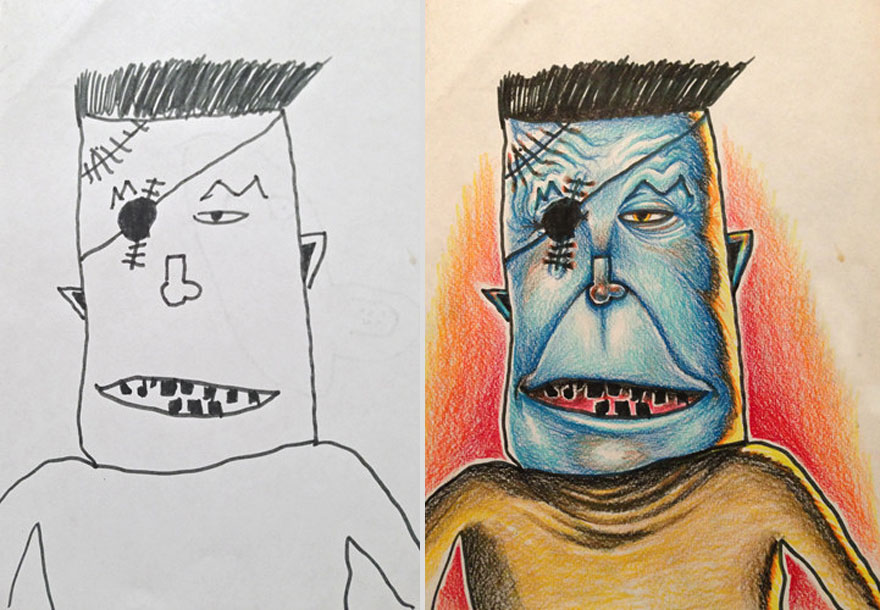Creative Dad Colors His Kids' Drawings