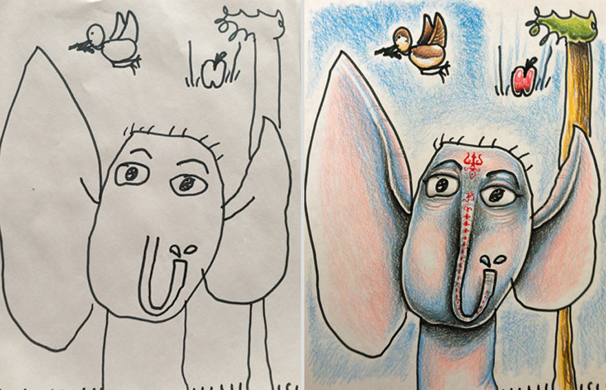 Creative Dad Colors His Kids' Drawings