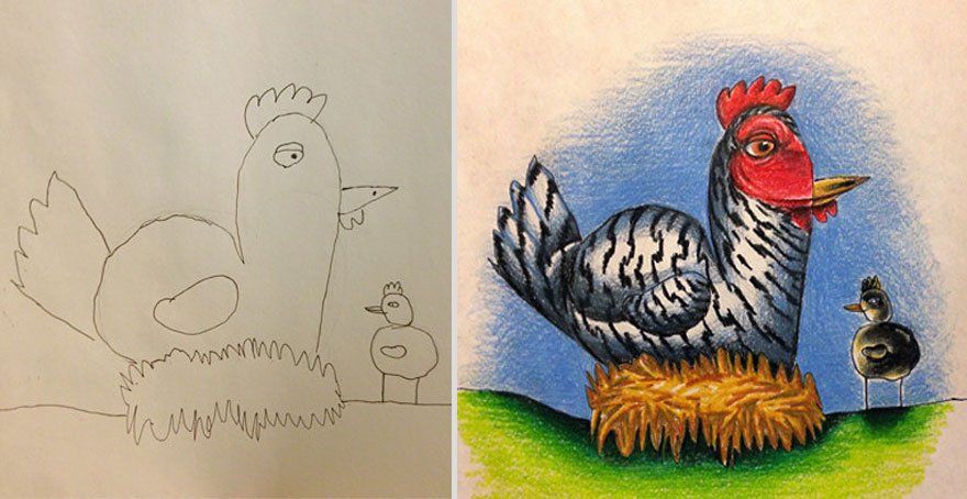 Creative Dad Colors His Kids' Drawings