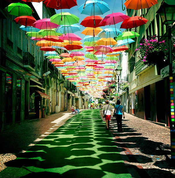 Hundreds of Floating Umbrellas Above a Street in Agueda, Portugal