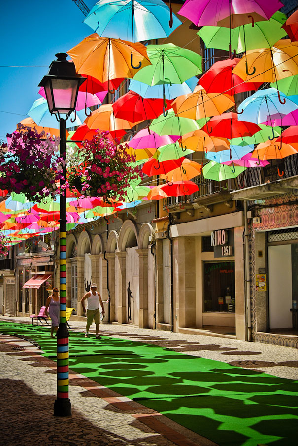 Hundreds of Floating Umbrellas Above a Street in Agueda, Portugal