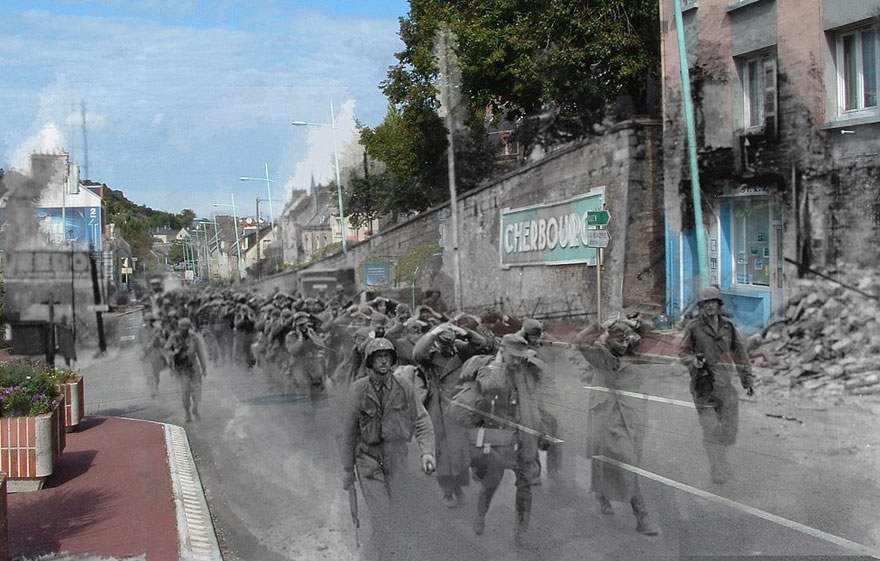 Ghosts of War: WWII Photos Superimposed on to Modern Street Scenes Ghosts of War: WWII Photos Superimposed on to Modern Street Scenes