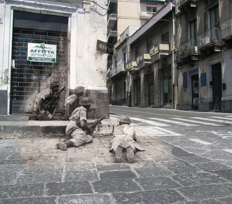 Ghosts of War: WWII Photos Superimposed on to Modern Street Scenes Ghosts of War: WWII Photos Superimposed on to Modern Street Scenes