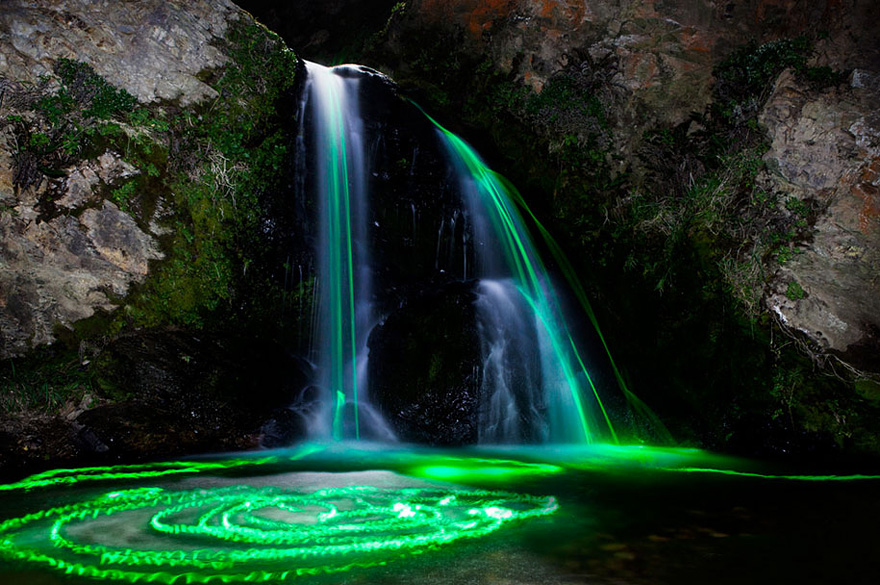 What Happens When You Throw Some Glow Sticks into a Waterfall