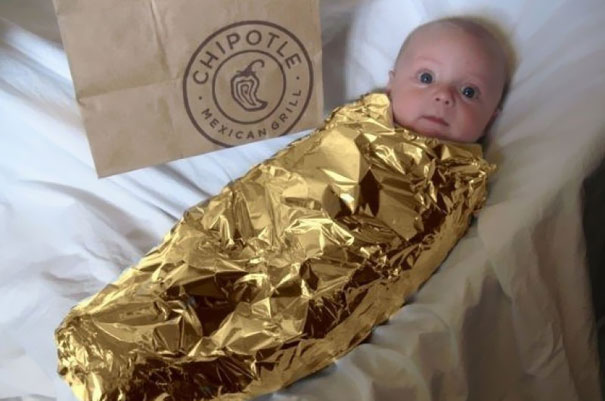 Baby wrapped in foil, resembling a burrito, next to a Chipotle bag as a creative kids' Halloween costume. Baby wrapped in foil, resembling a burrito, next to a Chipotle bag as a creative kids' Halloween costume.