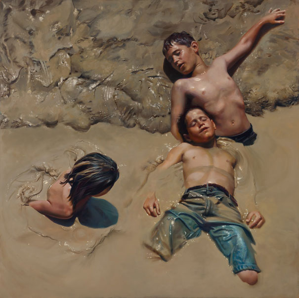Three boys partially submerged in mud, a hyper-realistic artwork depicting serene expressions and detailed textures. Three boys partially submerged in mud, a hyper-realistic artwork depicting serene expressions and detailed textures.
