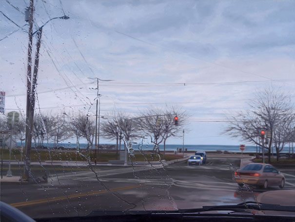 Hyper-realistic artwork of a rainy street scene viewed from a car interior, showcasing lifelike details and depth. Hyper-realistic artwork of a rainy street scene viewed from a car interior, showcasing lifelike details and depth.