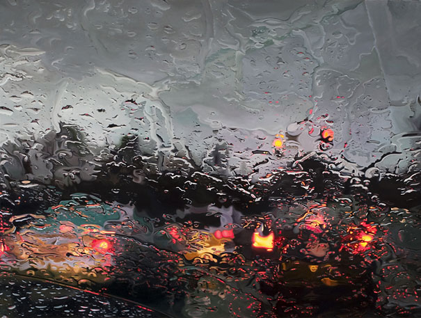 Hyper-realistic artwork depicting a rainy car window view with blurred city lights and traffic. Hyper-realistic artwork depicting a rainy car window view with blurred city lights and traffic.