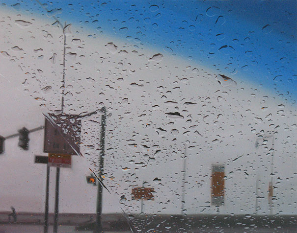 Hyper-realistic artwork of a rainy cityscape through a car window, showcasing detailed water droplets and blurred street signs. Hyper-realistic artwork of a rainy cityscape through a car window, showcasing detailed water droplets and blurred street signs.