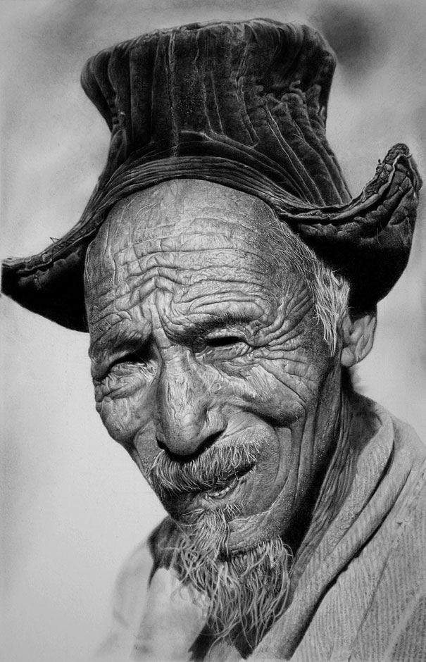 Hyper-realistic artwork depicting an elderly man with a textured hat and detailed facial features. Hyper-realistic artwork depicting an elderly man with a textured hat and detailed facial features.