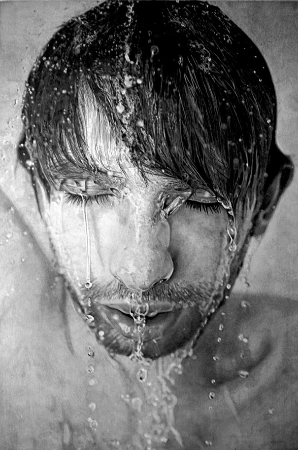 Hyper-realistic artwork depicting a man's face with water streaming down, showcasing incredible detail and realism. Hyper-realistic artwork depicting a man's face with water streaming down, showcasing incredible detail and realism.