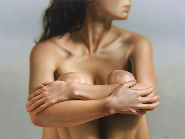 Hyper-realistic artwork of a woman sitting with arms wrapped around knees, appearing lifelike and photographic. Hyper-realistic artwork of a woman sitting with arms wrapped around knees, appearing lifelike and photographic.