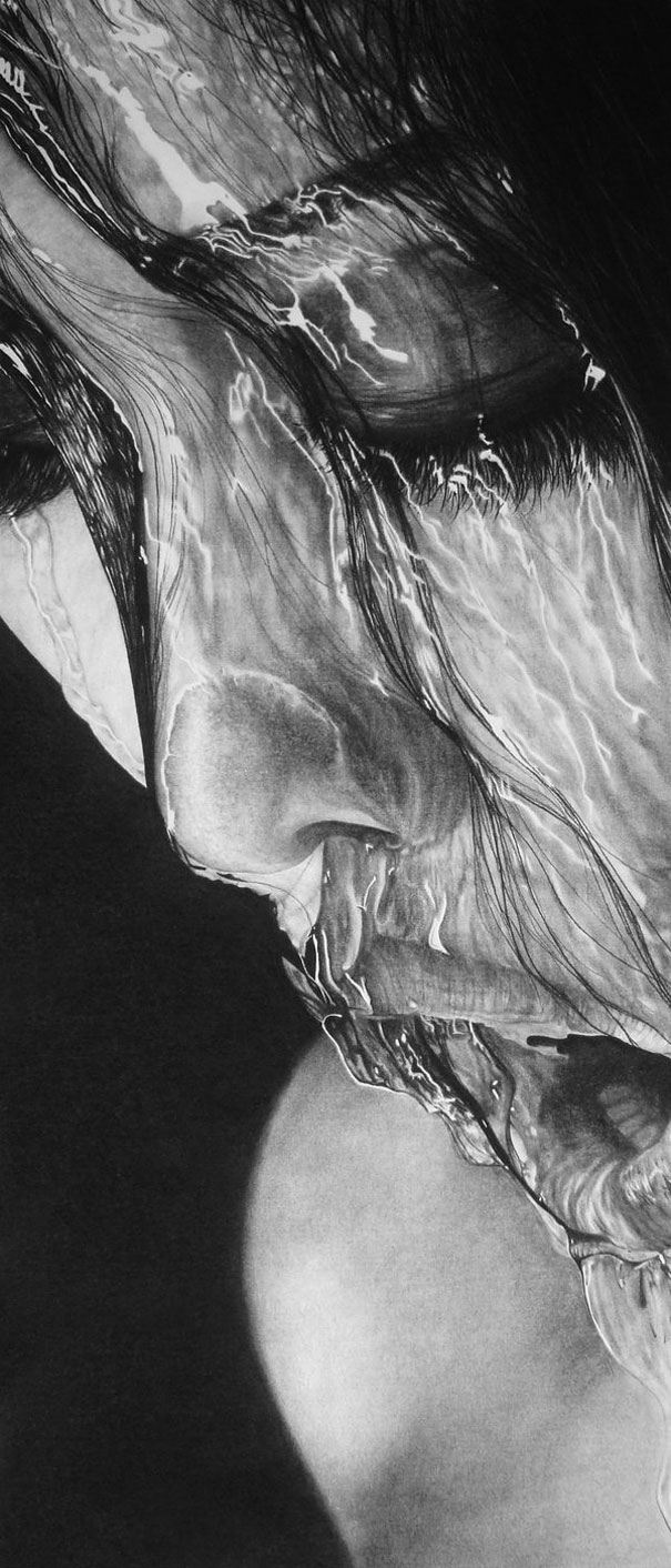 Hyper-realistic artwork depicting a detailed portrait with water-like effects on a face. Hyper-realistic artwork depicting a detailed portrait with water-like effects on a face.