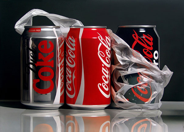 Hyper-realistic artwork of Coke cans wrapped in plastic bag, resembling a photograph. Hyper-realistic artwork of Coke cans wrapped in plastic bag, resembling a photograph.