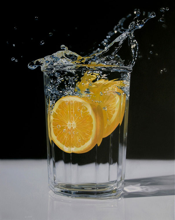 Hyper-realistic artwork depicting lemons splashing in a glass of water, resembling a high-resolution photo. Hyper-realistic artwork depicting lemons splashing in a glass of water, resembling a high-resolution photo.