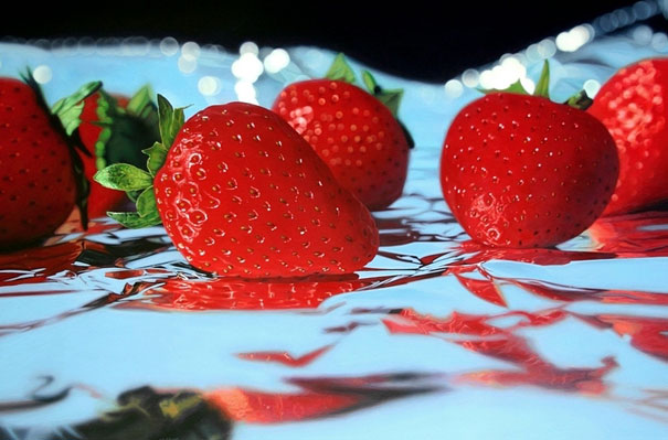 Hyper-realistic artwork of strawberries on reflective surface, astonishing detail creating a photographic illusion. Hyper-realistic artwork of strawberries on reflective surface, astonishing detail creating a photographic illusion.