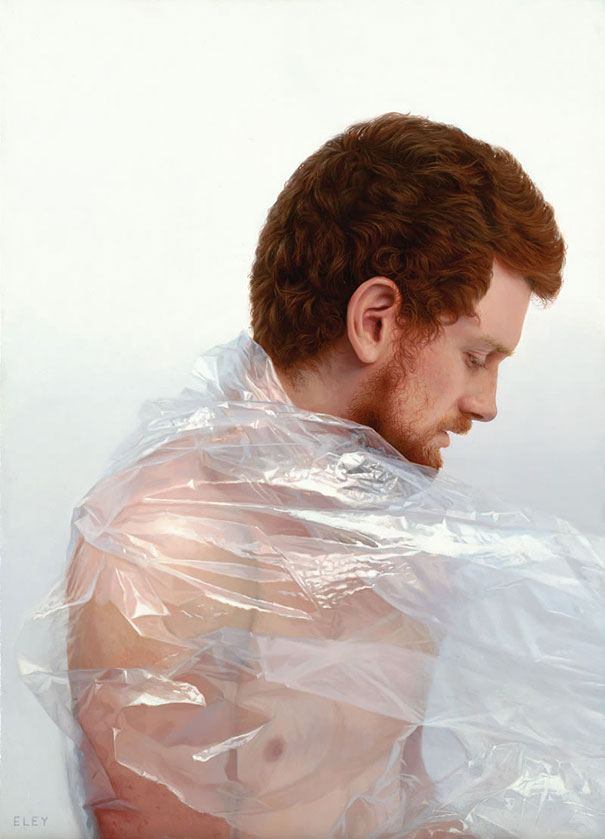 Hyper-realistic artwork of a man covered in transparent plastic, showcasing intricate detail and lifelike textures. Hyper-realistic artwork of a man covered in transparent plastic, showcasing intricate detail and lifelike textures.