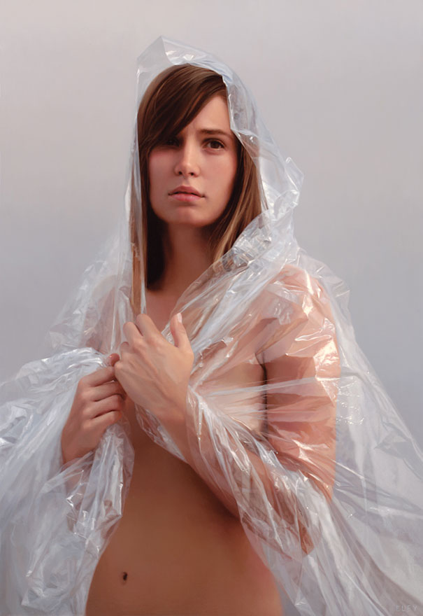 A hyper-realistic artwork of a woman wrapped in clear plastic. A hyper-realistic artwork of a woman wrapped in clear plastic.