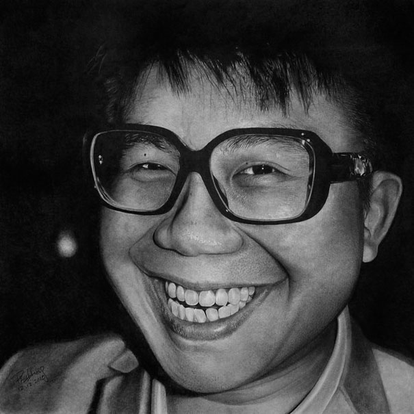 Smiling man in glasses, hyper-realistic drawing, showcasing intricate detail. Smiling man in glasses, hyper-realistic drawing, showcasing intricate detail.